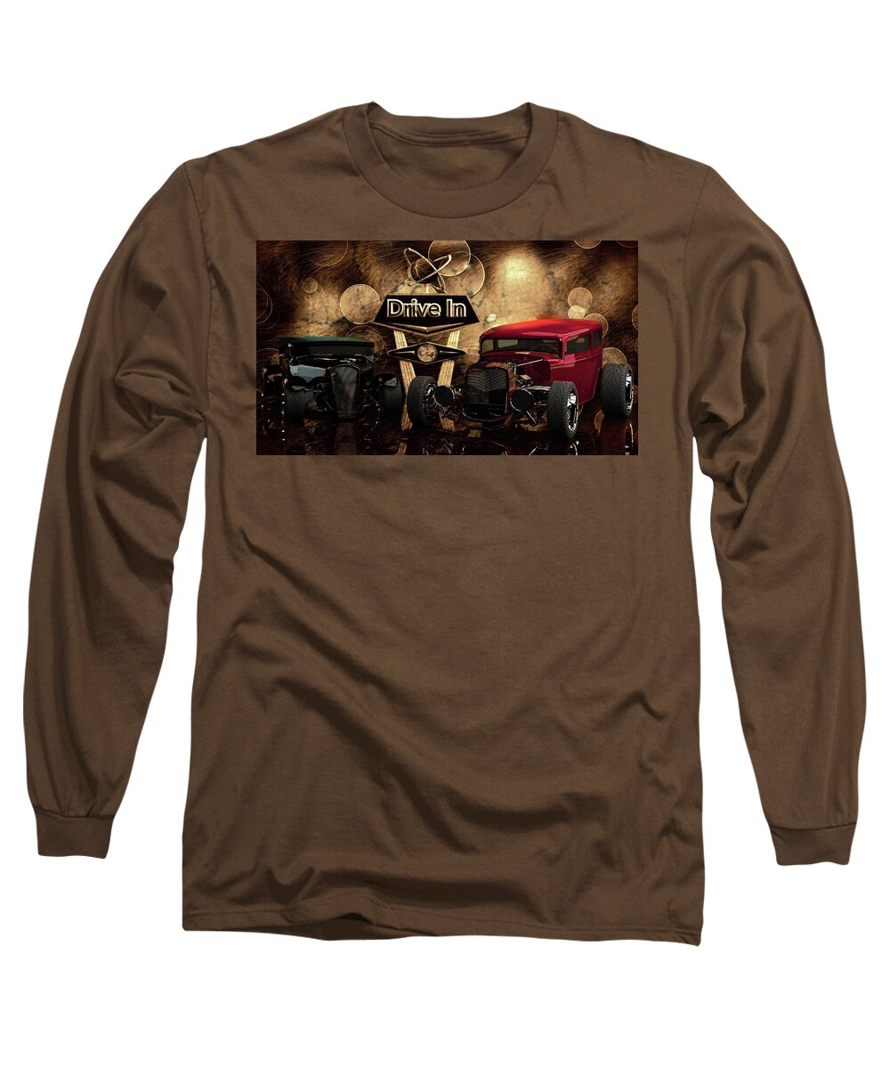 Antique Cars # Collector Cars # Black And White # Ford Hot Rod # Chevy # Drive In # 3d Render # Classic Hot Rod # Custom Hot Rods # Chopped Top # Old School Long Sleeve T-Shirt featuring the photograph Drive In by Louis Ferreira