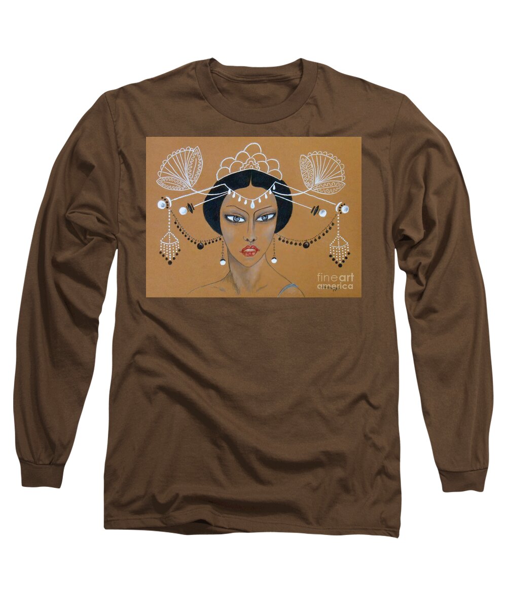 Asian Long Sleeve T-Shirt featuring the drawing Eastern Elegance -- Whimsical Asian Woman by Jayne Somogy