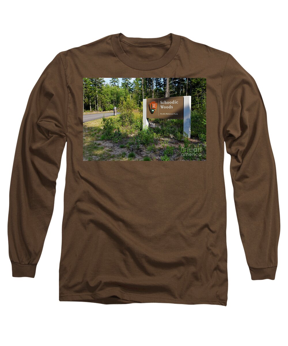 Acadia Long Sleeve T-Shirt featuring the photograph Entrance sign, Schoodic Woods campground, Maine by Kevin Shields