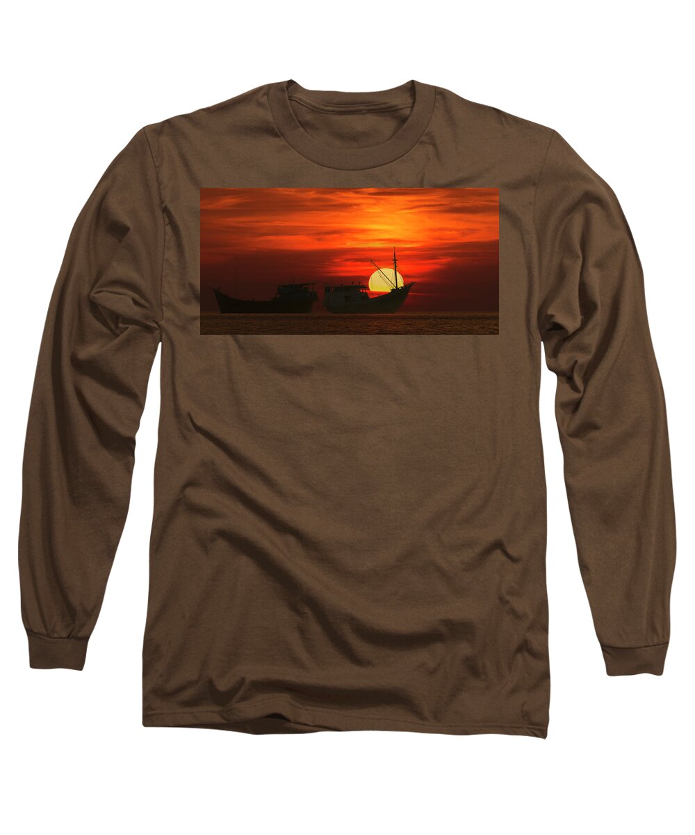 Sun Long Sleeve T-Shirt featuring the photograph Fishing Boats in sea by Pradeep Raja Prints