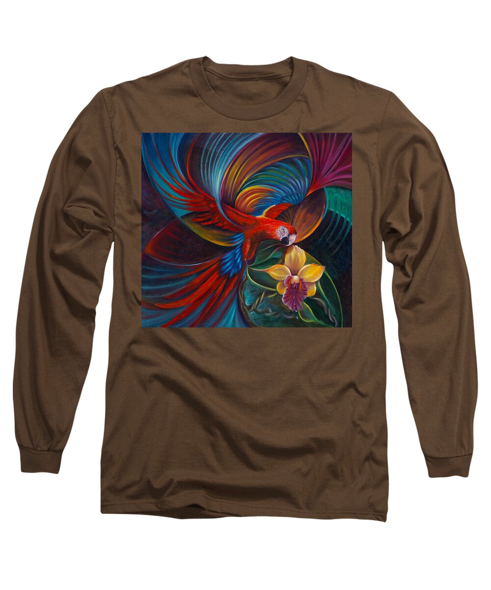 Curvismo Long Sleeve T-Shirt featuring the painting Flying Macaw by Sherry Strong