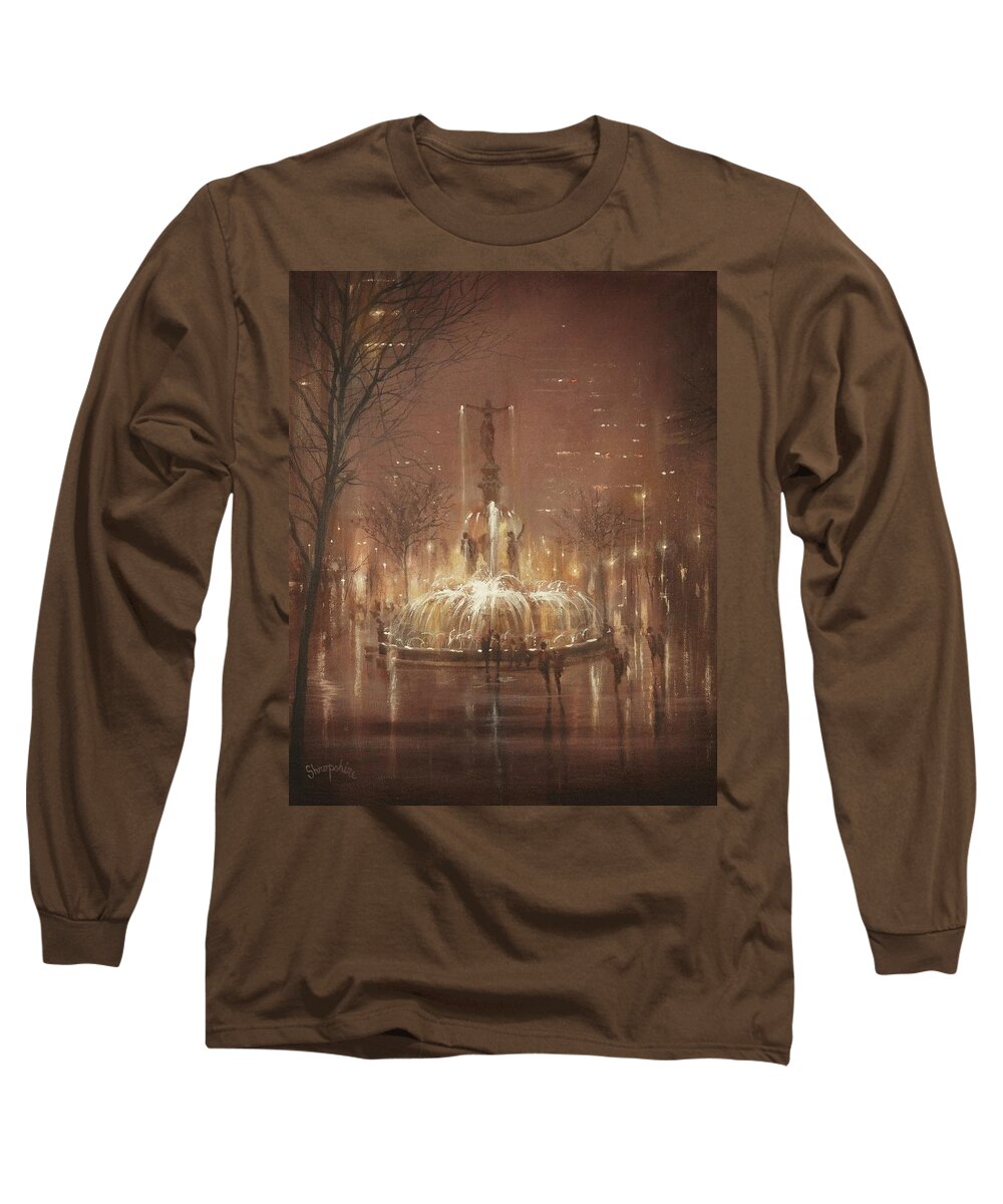 Fountain Square Long Sleeve T-Shirt featuring the painting Fountain Square by Tom Shropshire