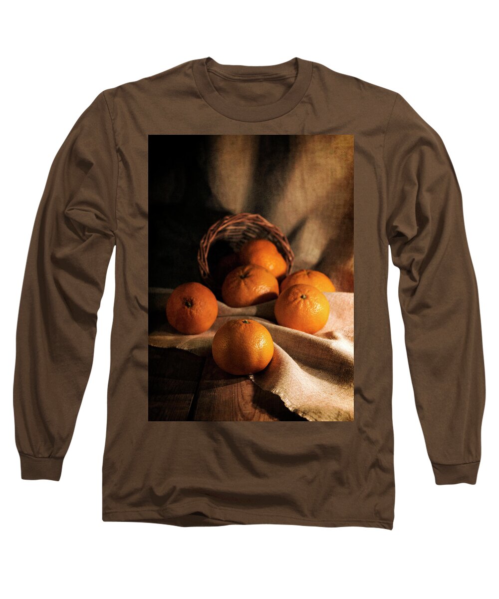 Basket Long Sleeve T-Shirt featuring the photograph Fresh tangerines in brown basket by Jaroslaw Blaminsky