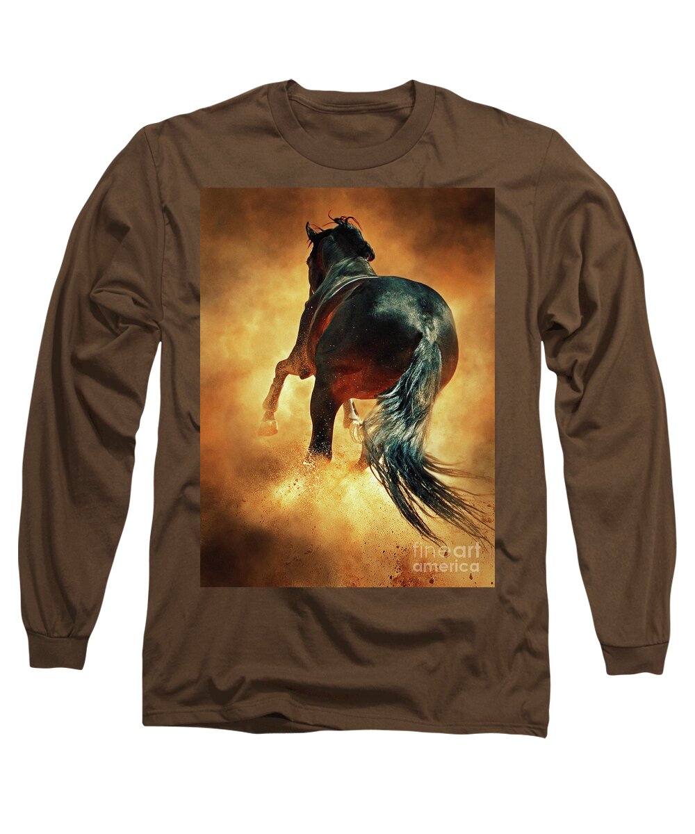 Horse Long Sleeve T-Shirt featuring the photograph Galloping horse in fire dust by Dimitar Hristov