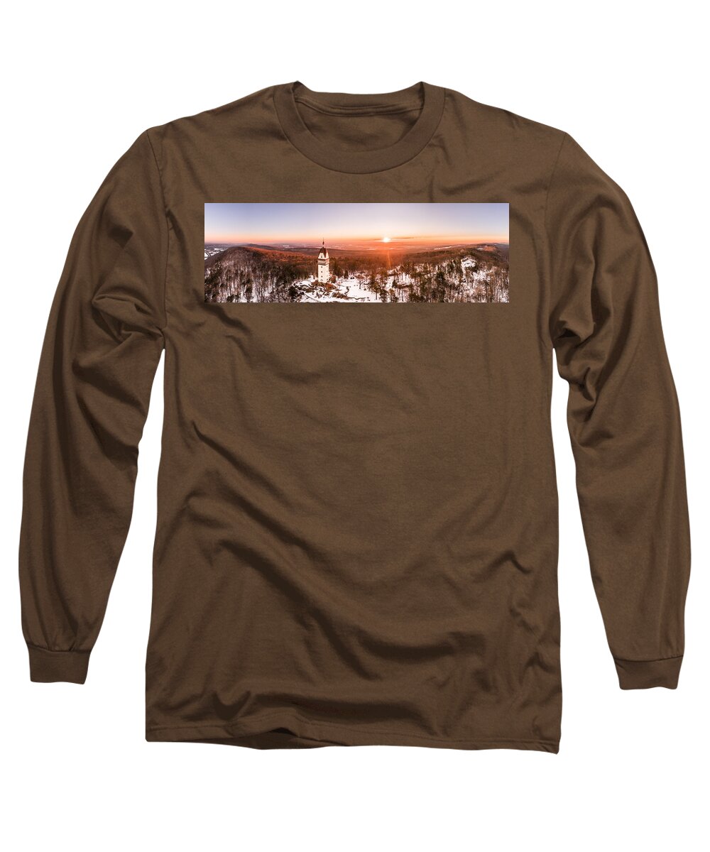 Heublein Long Sleeve T-Shirt featuring the photograph Heublein Tower in Simsbury Connecticut, Winter Sunrise Panorama by Mike Gearin