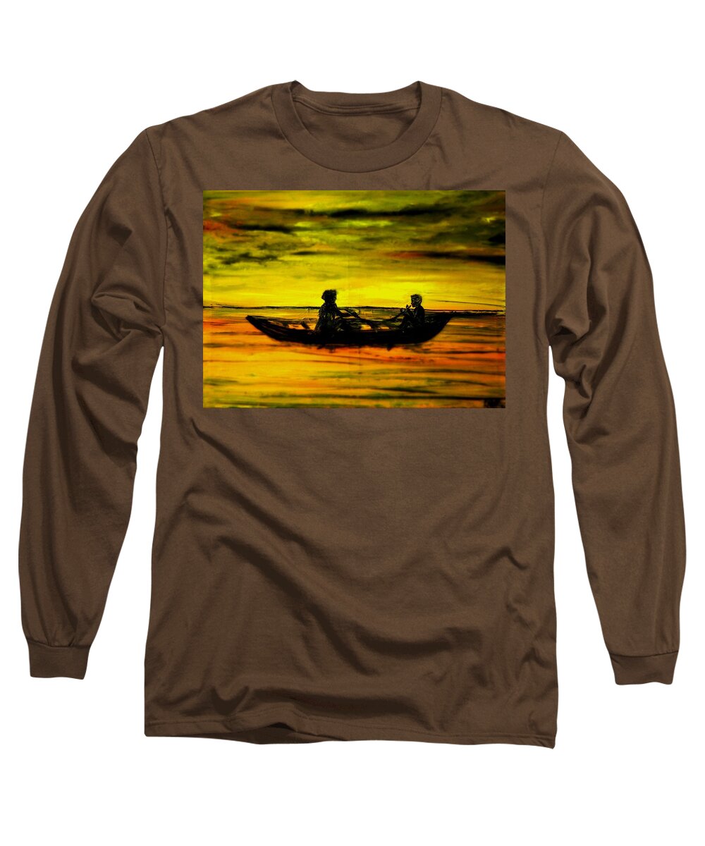 Golden Long Sleeve T-Shirt featuring the painting Into the Sunset by Evelina Popilian