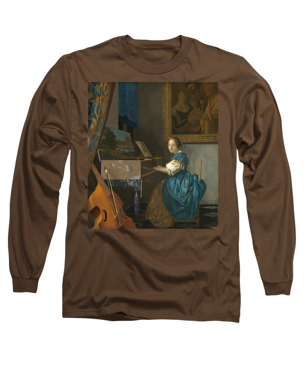 Johannes Vermeer Long Sleeve T-Shirt featuring the painting Lady Seated At A Virginal by Johannes Vermeer