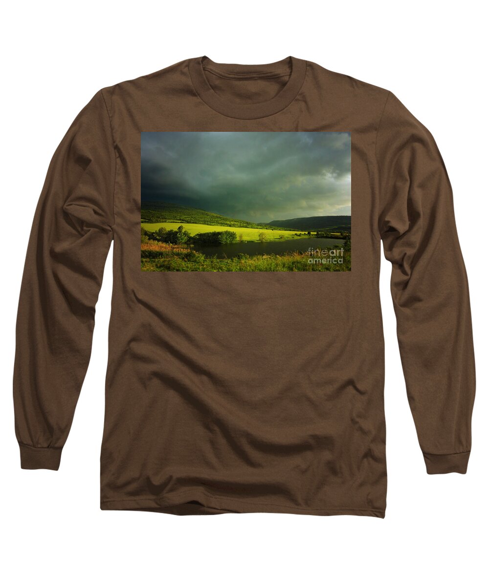 Landscape Long Sleeve T-Shirt featuring the photograph Lake and green fields by Dimitar Hristov