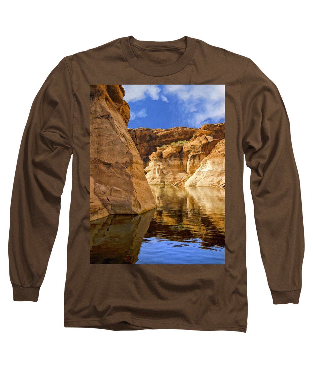 Morning Long Sleeve T-Shirt featuring the painting Lake Powell Stillness by Dominic Piperata
