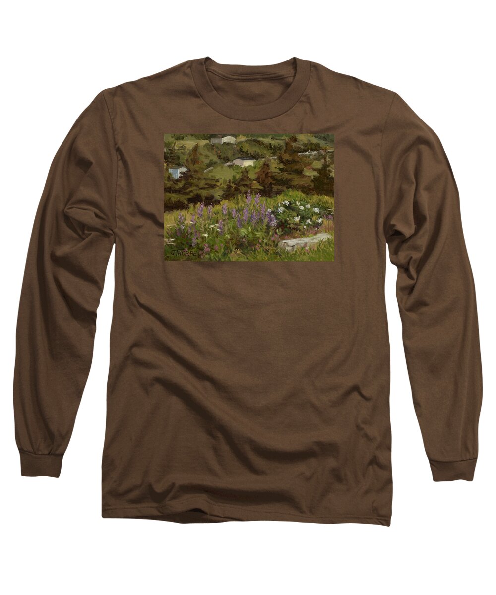 Trees Long Sleeve T-Shirt featuring the painting Lupine and Wild Roses by Jane Thorpe