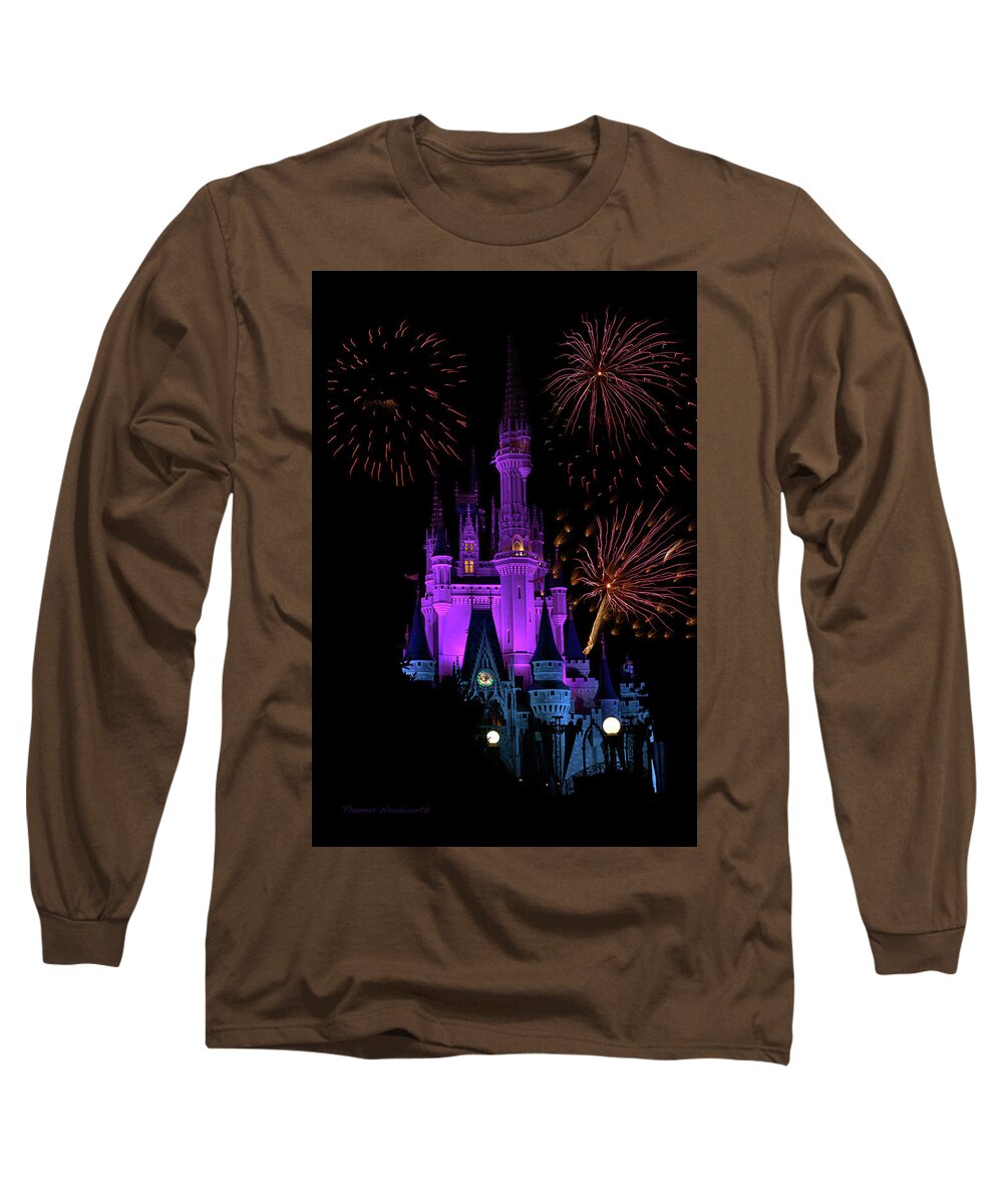 Castle Long Sleeve T-Shirt featuring the photograph Magic Kingdom Castle In Purple With Fireworks 02 PM by Thomas Woolworth