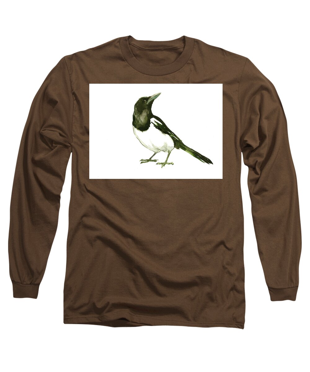 Magpie Long Sleeve T-Shirt featuring the painting Magpie by Suren Nersisyan
