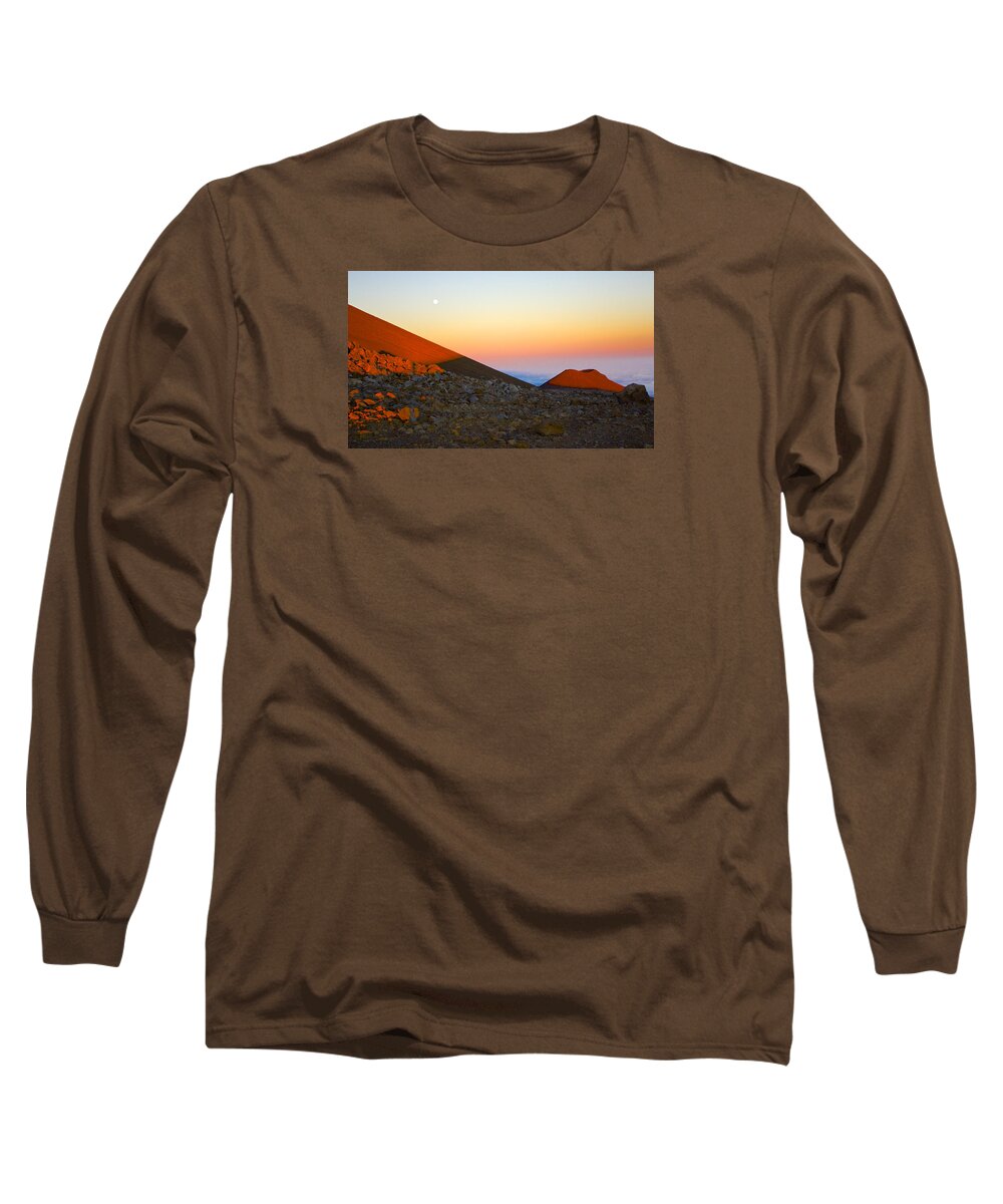 Mauna Kea Long Sleeve T-Shirt featuring the photograph Mauna Kea Sunset with Full Moon Volcanoes National Park Hawaii by Venetia Featherstone-Witty