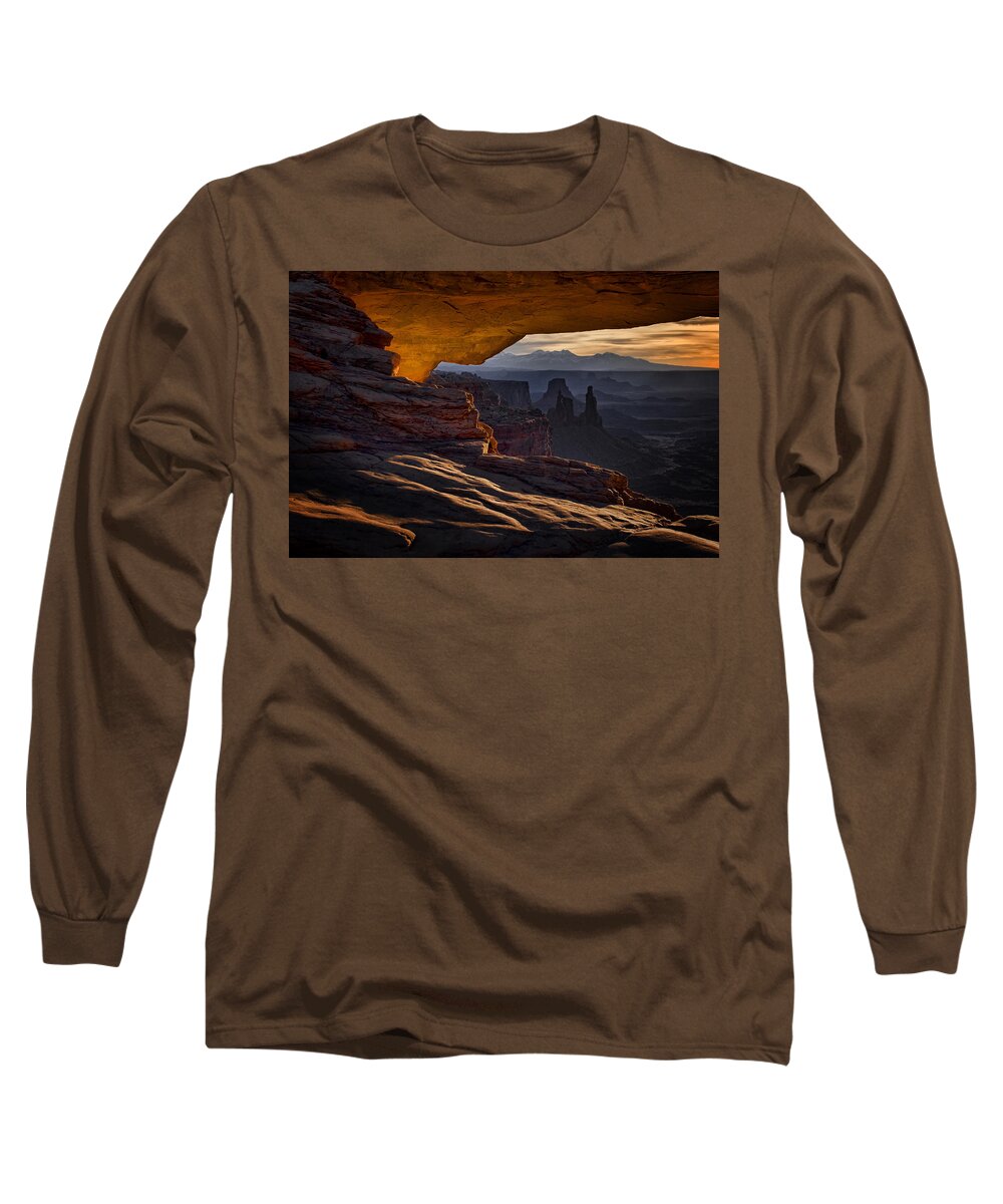 Canyon Lands Long Sleeve T-Shirt featuring the photograph Mesa Arch Glow by Jaki Miller