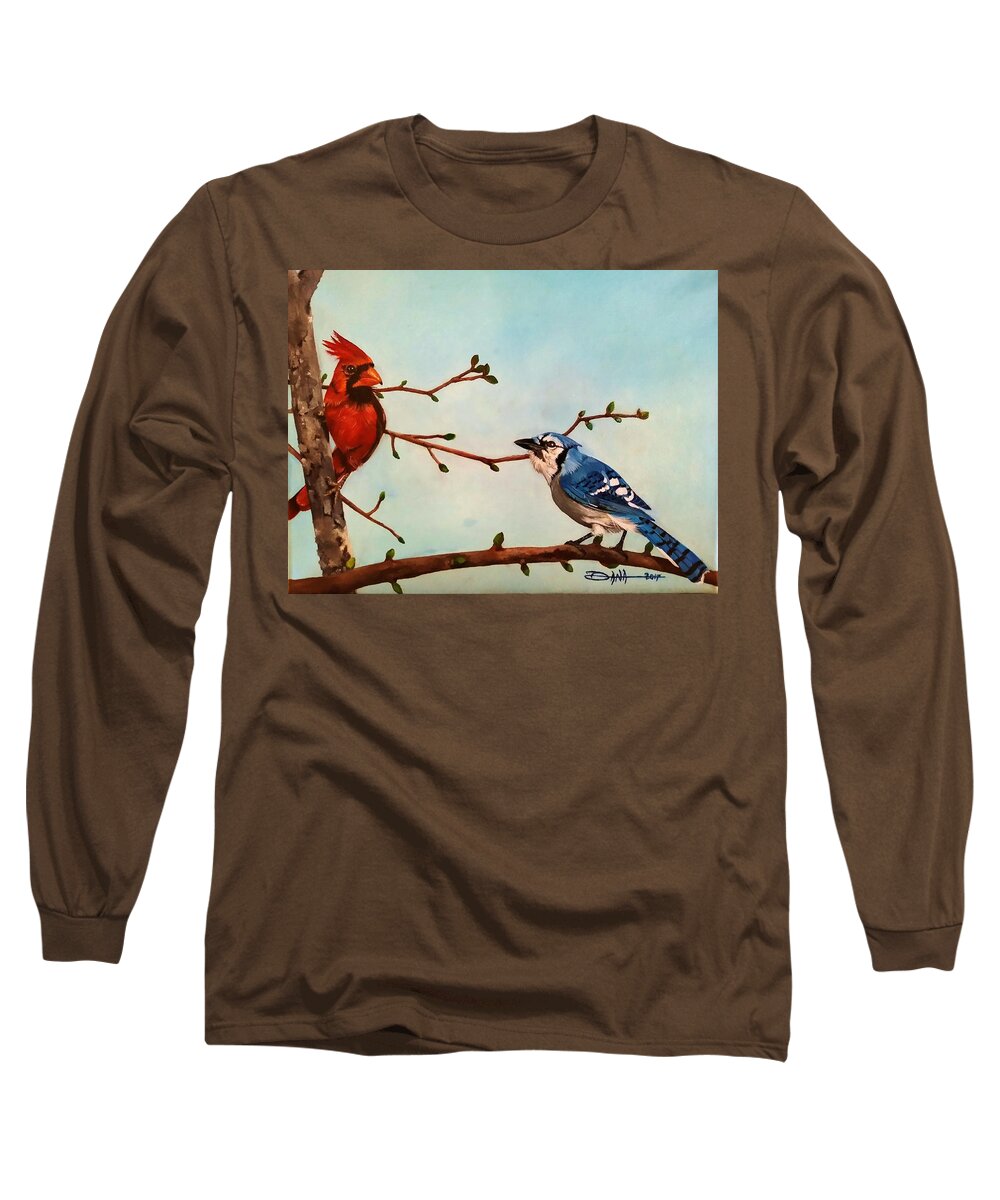 Birds Long Sleeve T-Shirt featuring the painting New buds of spring by Dana Newman