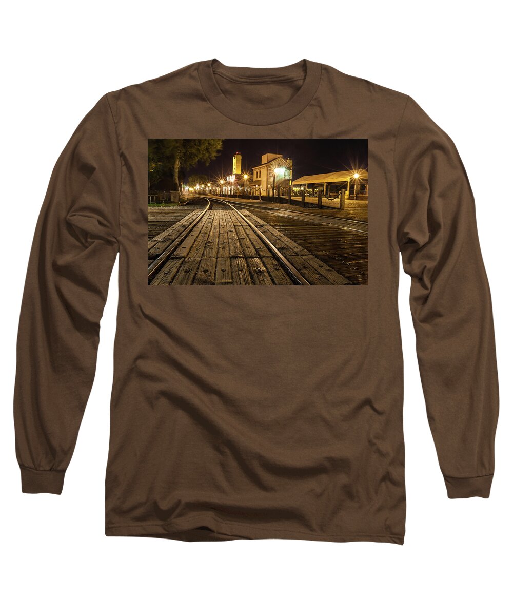 Night Scene Long Sleeve T-Shirt featuring the photograph Night Rails by Charles Garcia