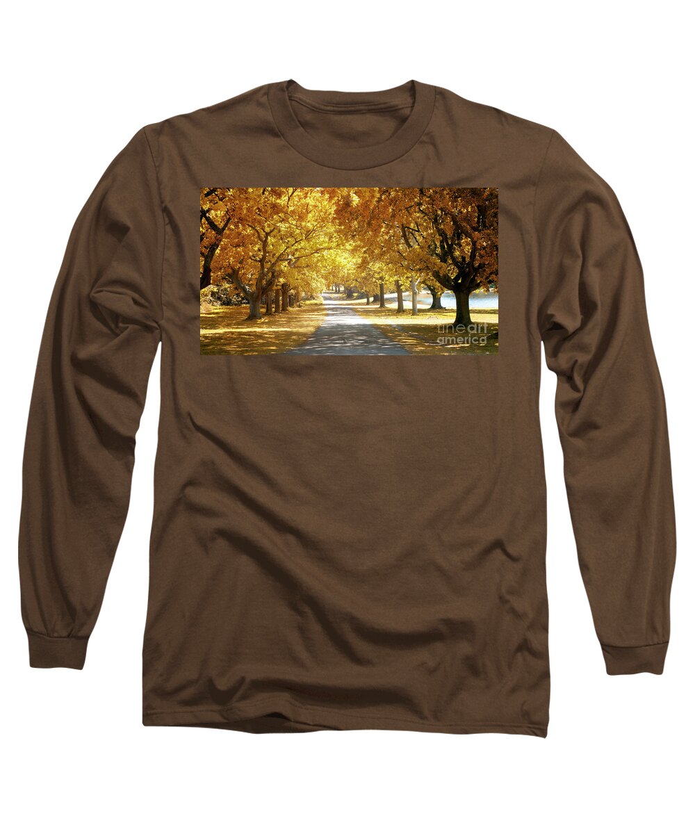 Autumn Long Sleeve T-Shirt featuring the photograph Oak tree avenue in Autumn by Jane Rix