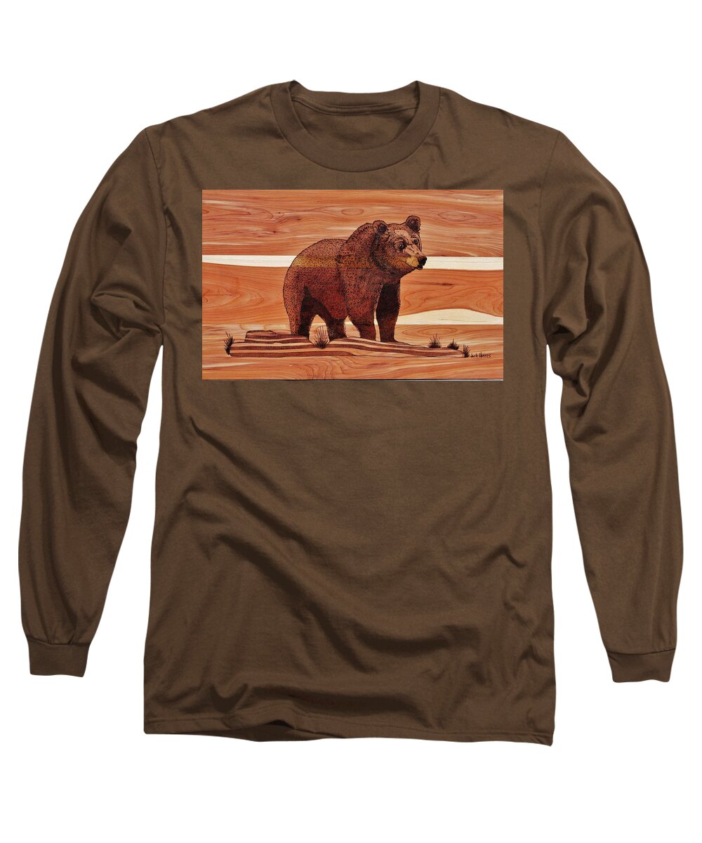 Wildlife Scene Long Sleeve T-Shirt featuring the pyrography Old Griz by Jack Harries