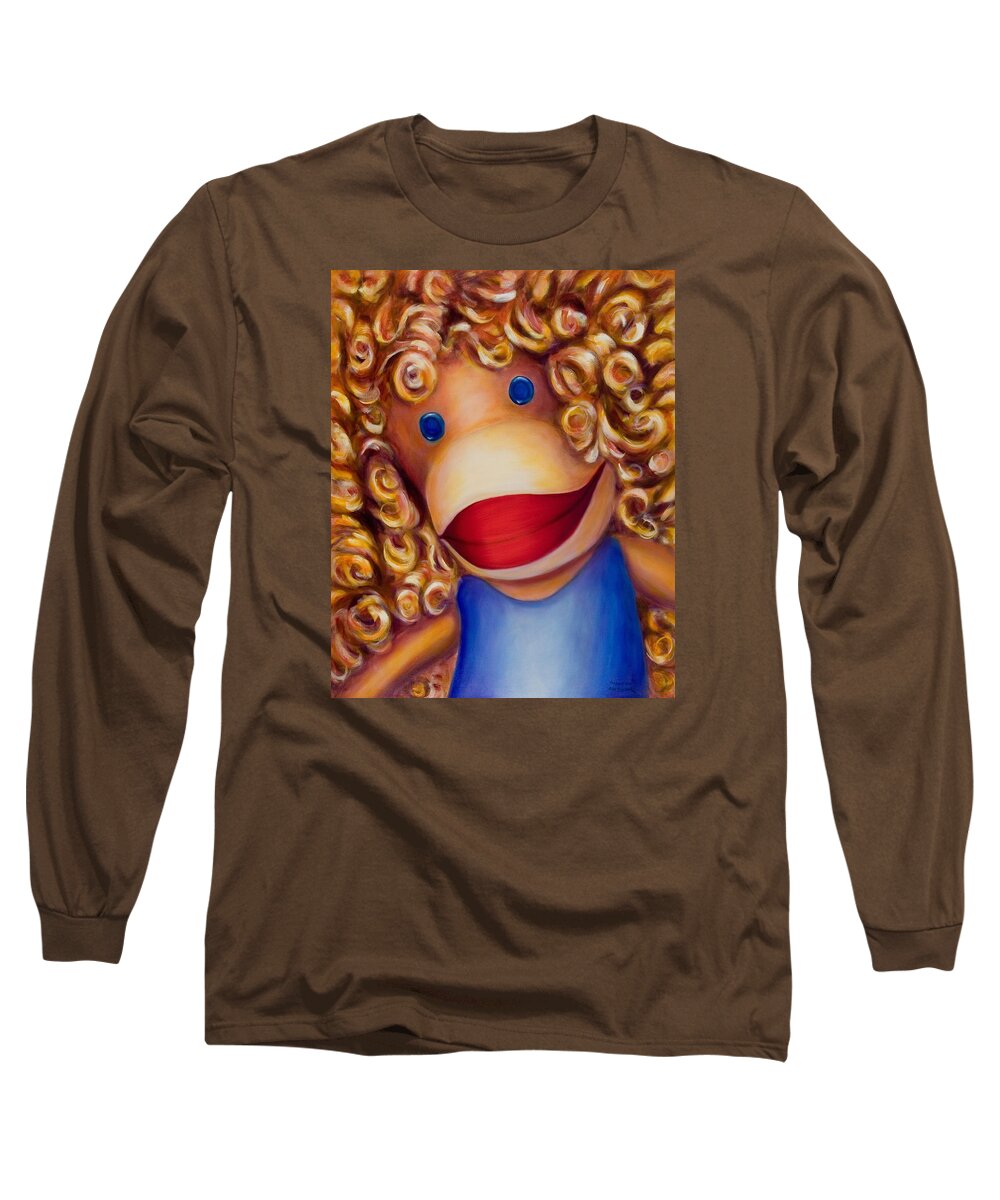 Children Long Sleeve T-Shirt featuring the painting Patricia Sock Monkey by Shannon Grissom