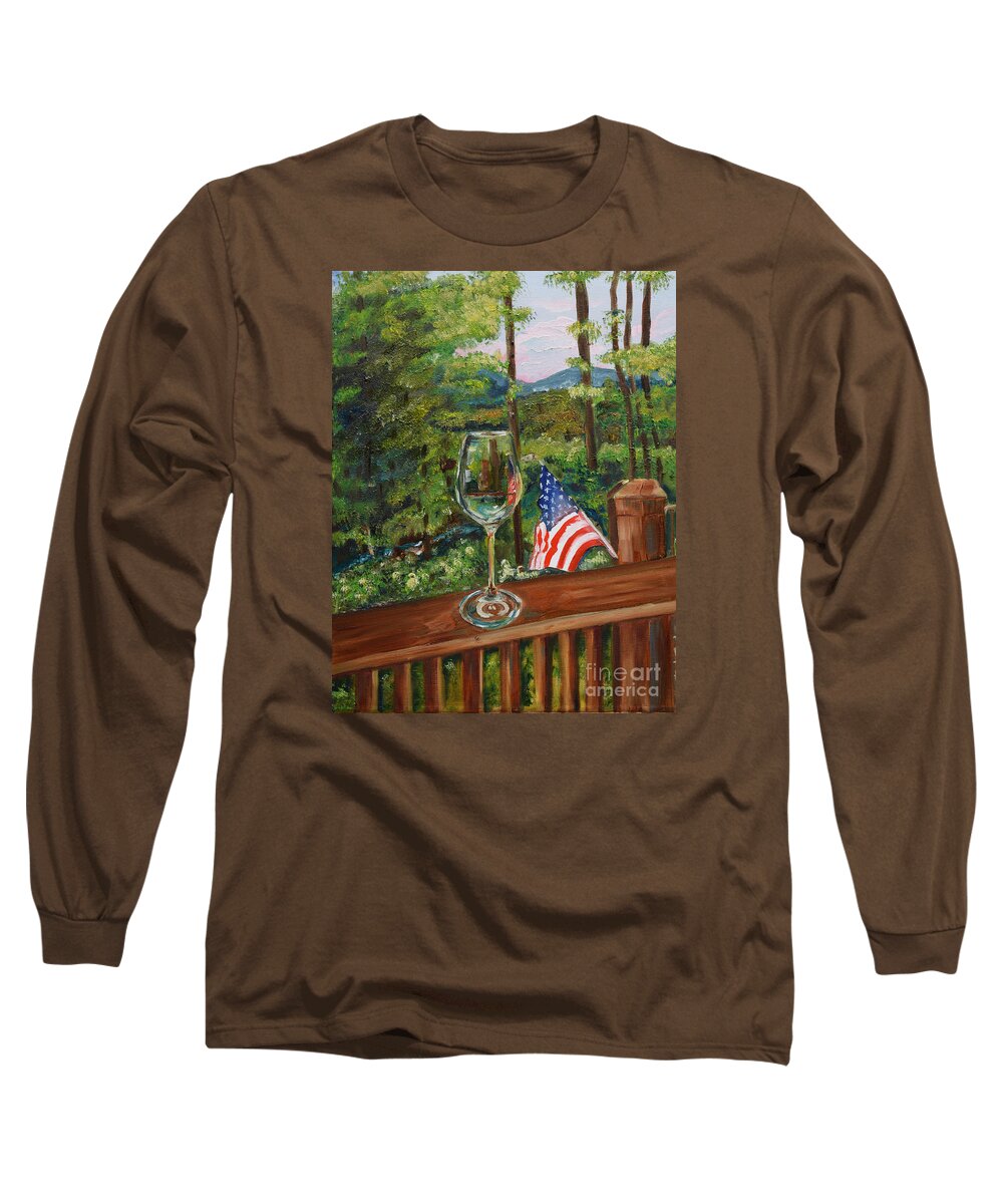 American Flag Long Sleeve T-Shirt featuring the painting Star Spangled Wine - Fourth of July - Blue Ridge Mountains by Jan Dappen