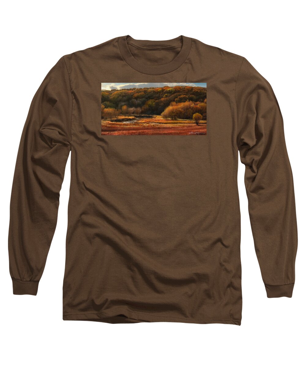 Autumn Landscape Drawings Long Sleeve T-Shirt featuring the drawing Prairie Autumn Stream No.2 by Bruce Morrison