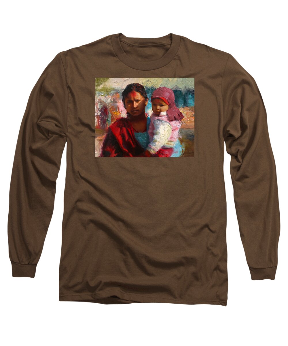 Mother Long Sleeve T-Shirt featuring the painting Red and Blue Portrait of Nepalese Mother and Child by K Whitworth