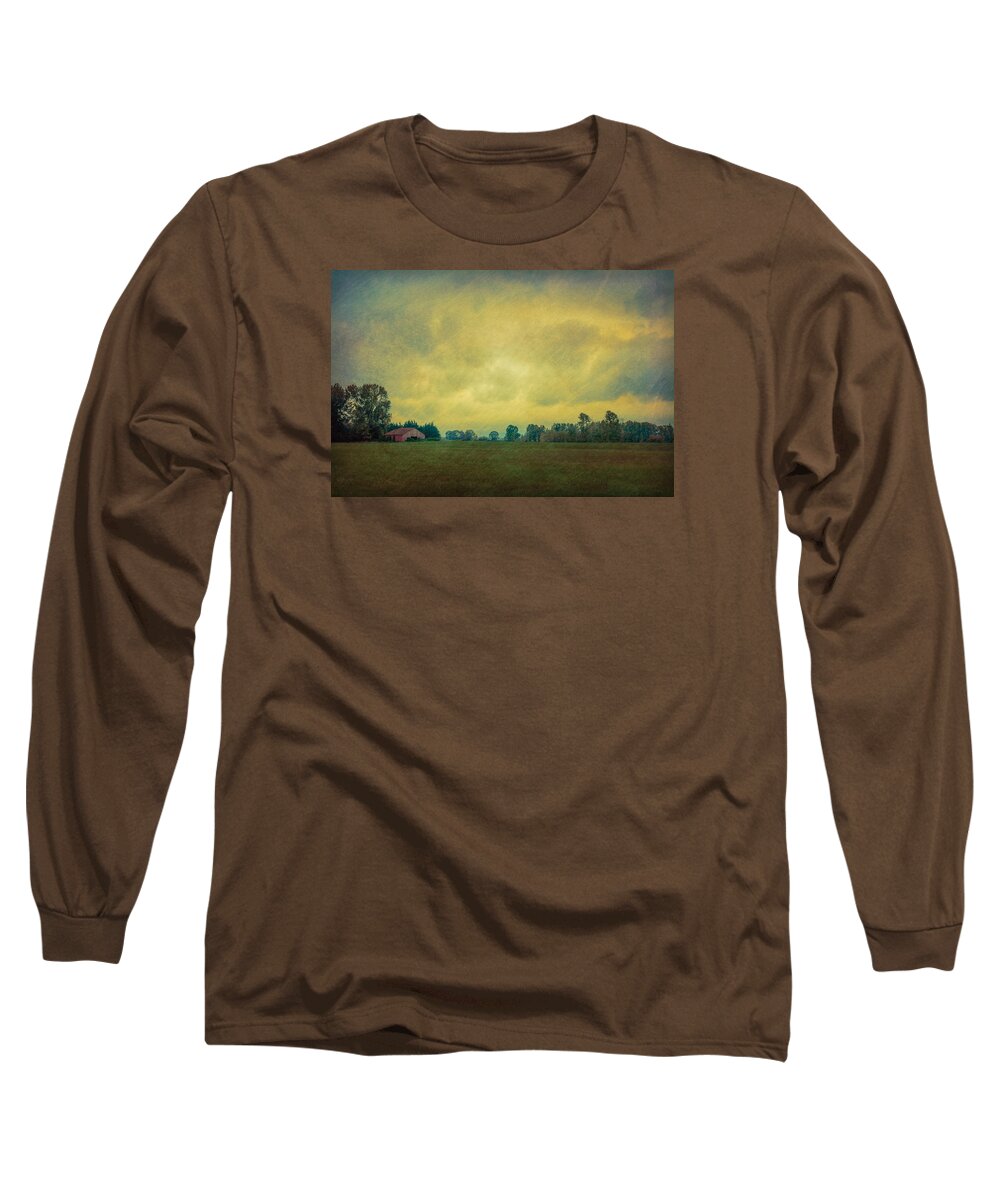 Barn Long Sleeve T-Shirt featuring the photograph Red Barn Under Stormy Skies by Don Schwartz