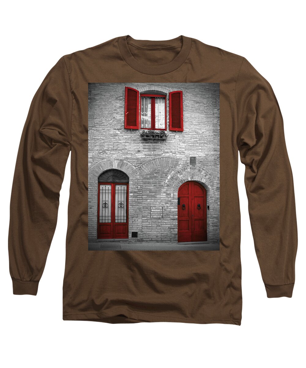 Doors And Windows Long Sleeve T-Shirt featuring the photograph Red Doors and Windows in San Gimignano Italy by Lily Malor