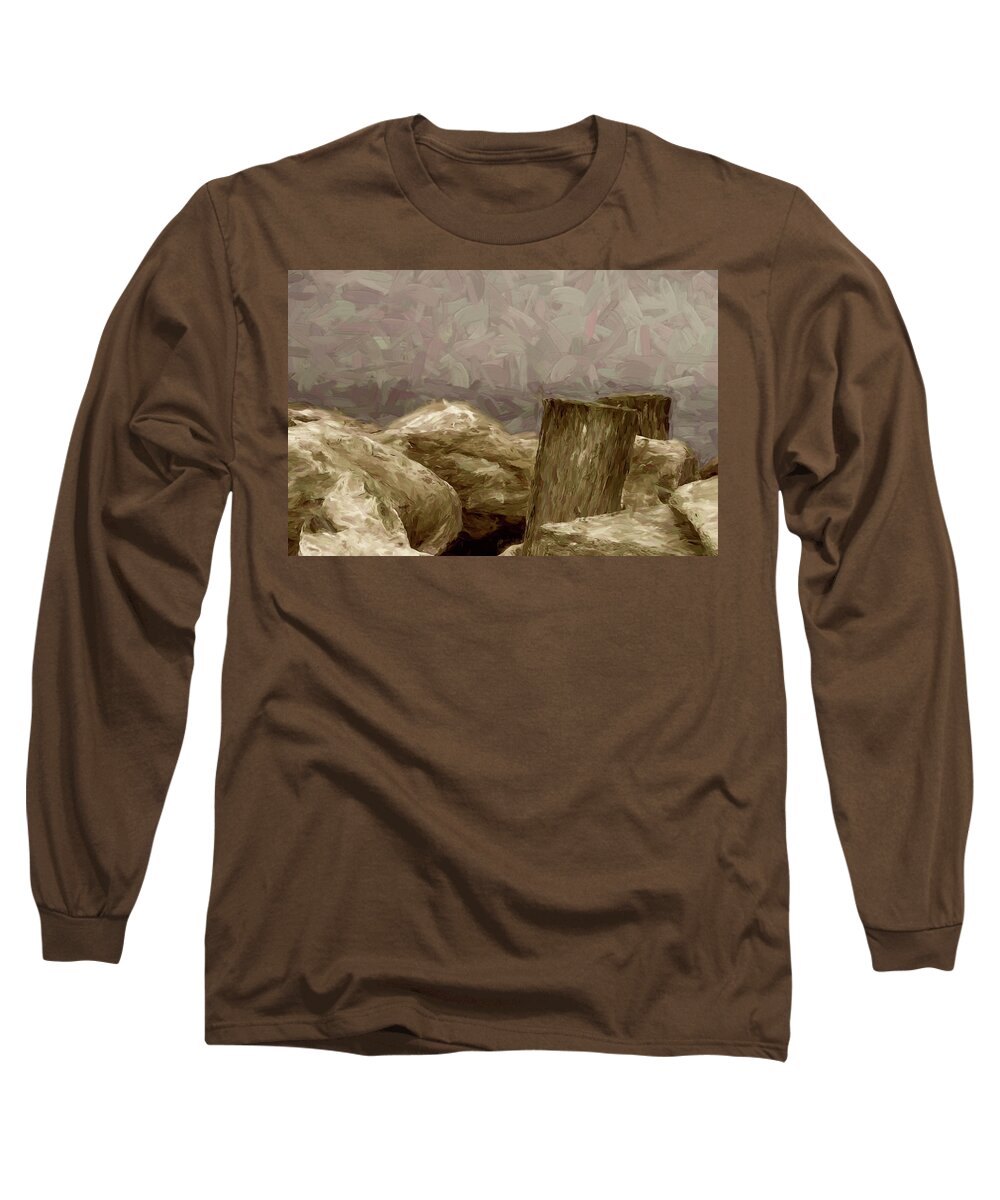 Coast Long Sleeve T-Shirt featuring the digital art Rocks and Pilings by Scott Carlton