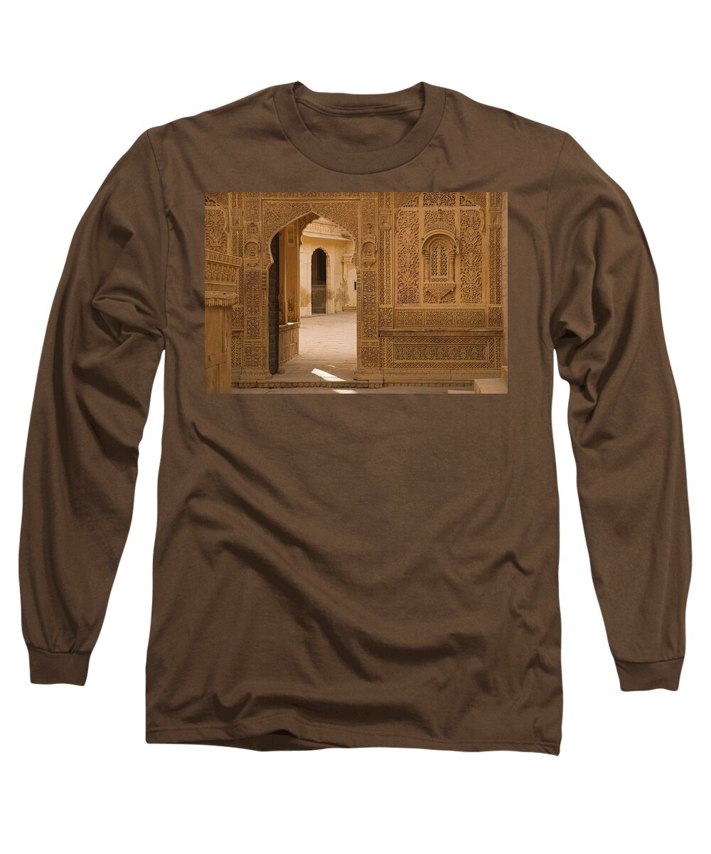 Threshold Long Sleeve T-Shirt featuring the photograph SKN 1317 Threshold of Carvings by Sunil Kapadia
