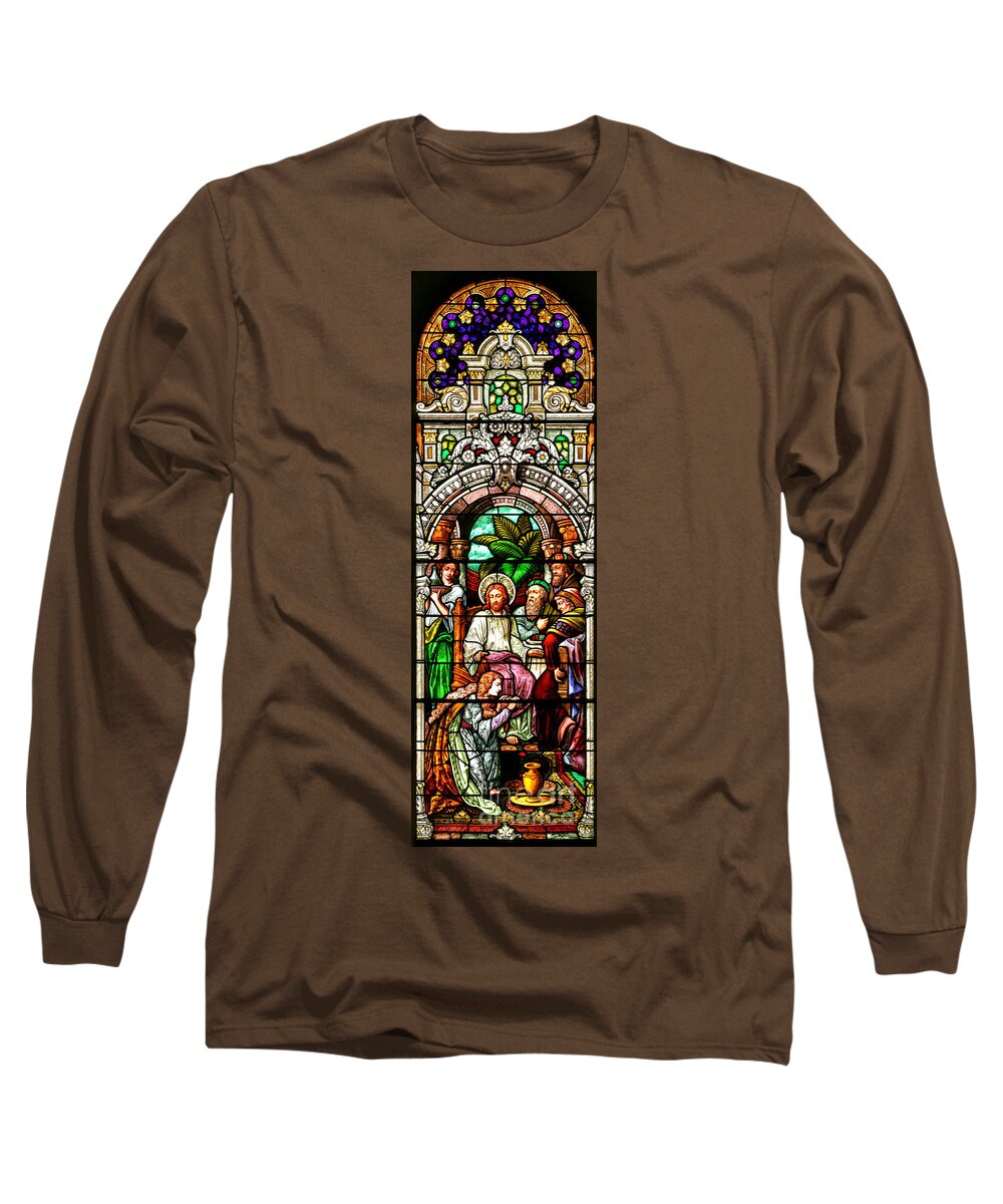 Cathedral Of The Plains Long Sleeve T-Shirt featuring the photograph Stained Glass Scene 11 Crop by Adam Jewell