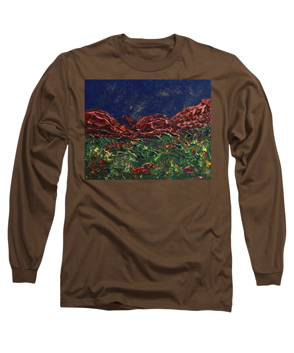 Night Sky Long Sleeve T-Shirt featuring the painting Stars Falling On Copper Moon by Donna Blackhall