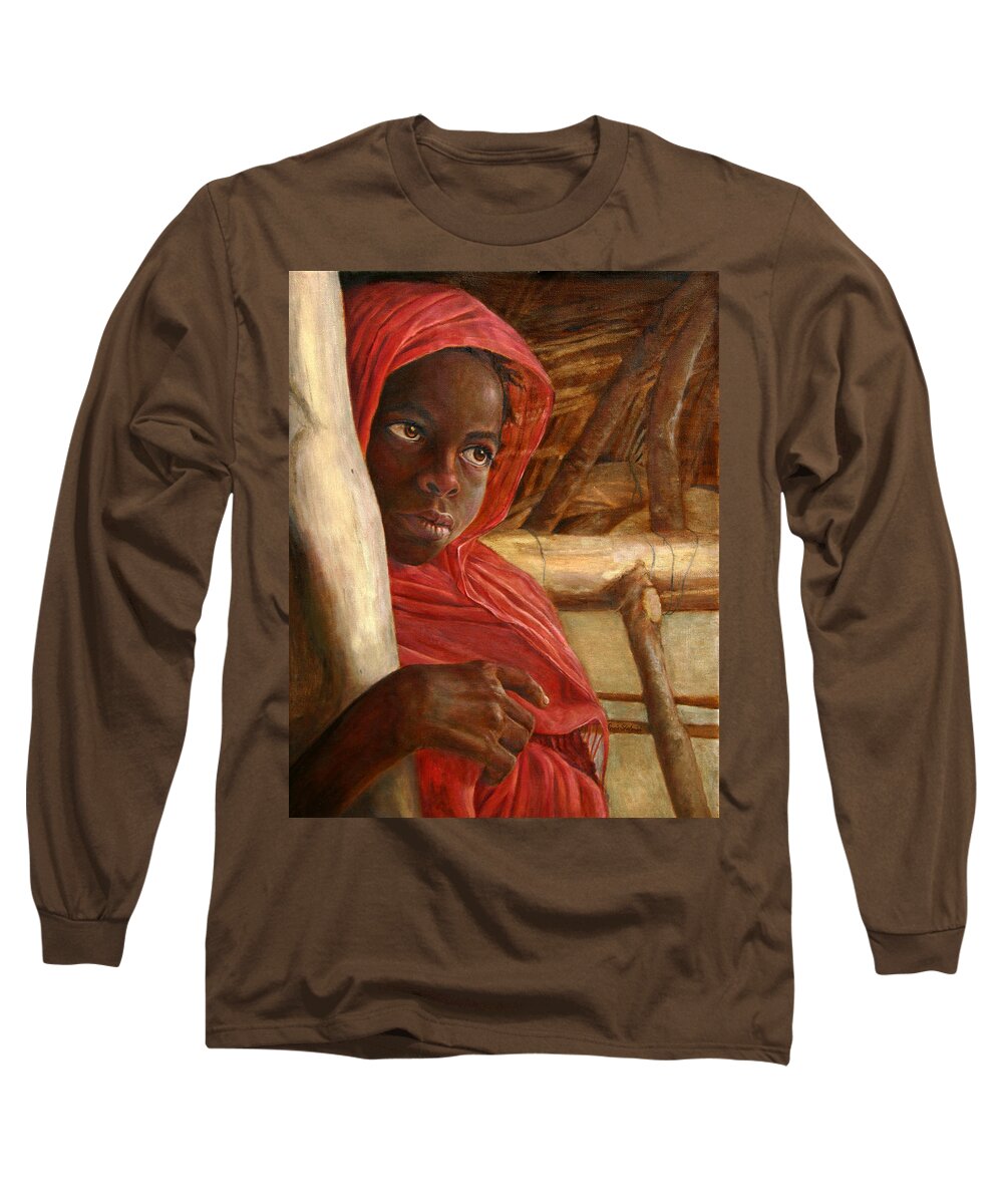 Children Painting Long Sleeve T-Shirt featuring the painting Sudanese Girl by Portraits By NC