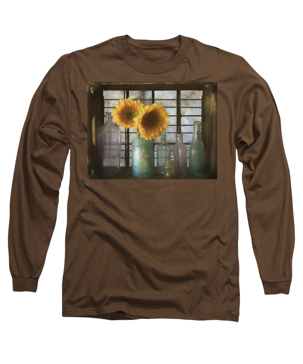 Sunflowers Long Sleeve T-Shirt featuring the mixed media Sunflowers and Bottles by Teresa Wilson