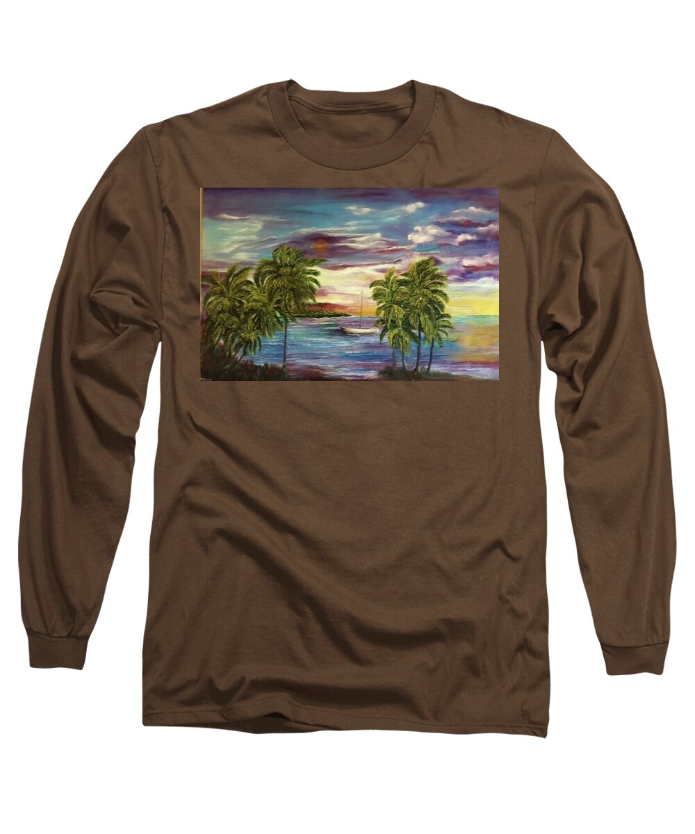 Islander Long Sleeve T-Shirt featuring the painting Sunset Beach Lagoon by Michael Silbaugh