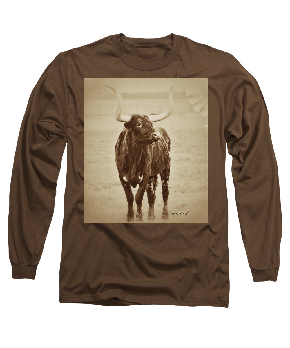 Longhorns Long Sleeve T-Shirt featuring the photograph Texas Longhorn and the Windmill by Toma Caul