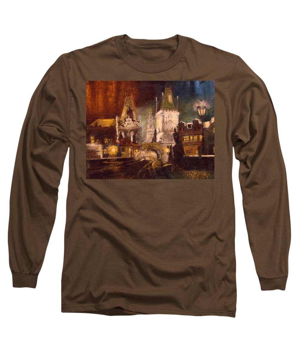 The Charles Bridge Long Sleeve T-Shirt featuring the painting The Charles Bridge in Prague at Night by Greta Gartner