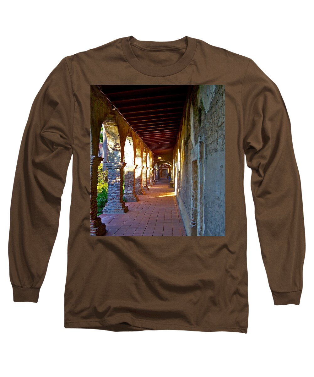Corridor Long Sleeve T-Shirt featuring the photograph The Corridor by the Serra Chapel San Juan Capistrano Mission California by Karon Melillo DeVega