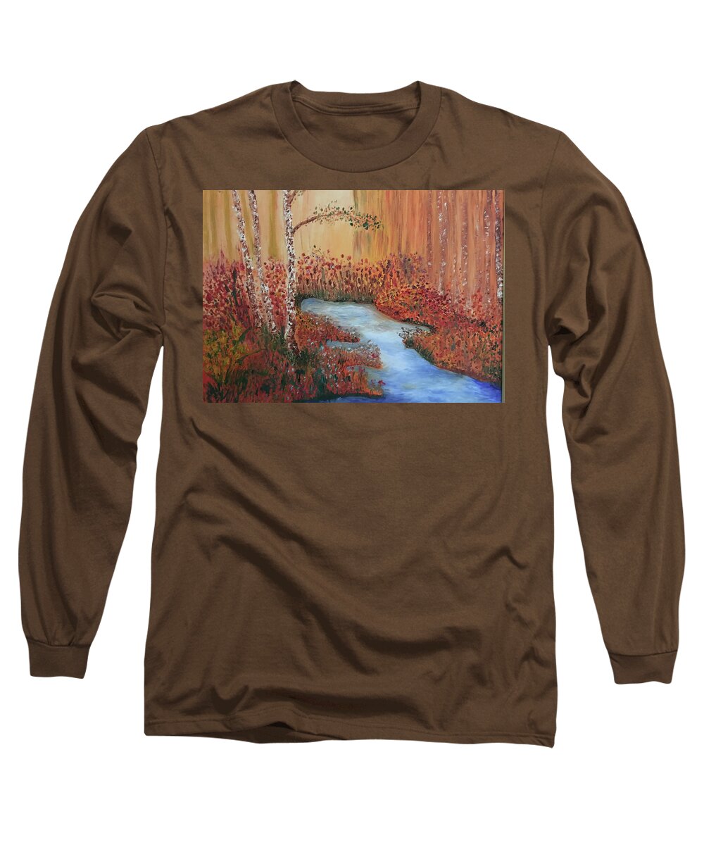Water Long Sleeve T-Shirt featuring the painting The Four Seasons of the 3 Birch Trees - Fall by Susan Grunin