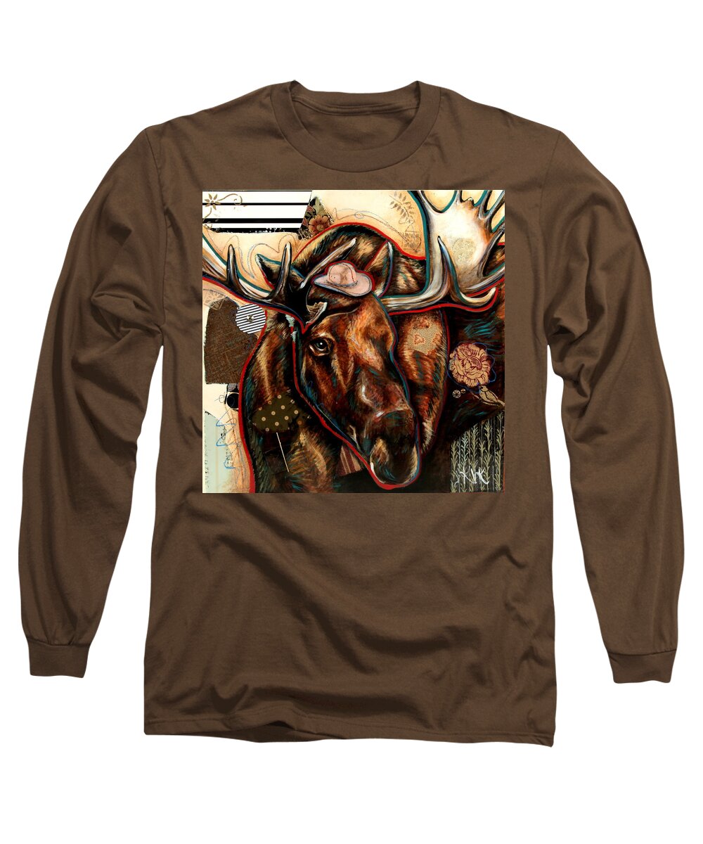 Country Critters Long Sleeve T-Shirt featuring the mixed media The Moose by Katia Von Kral