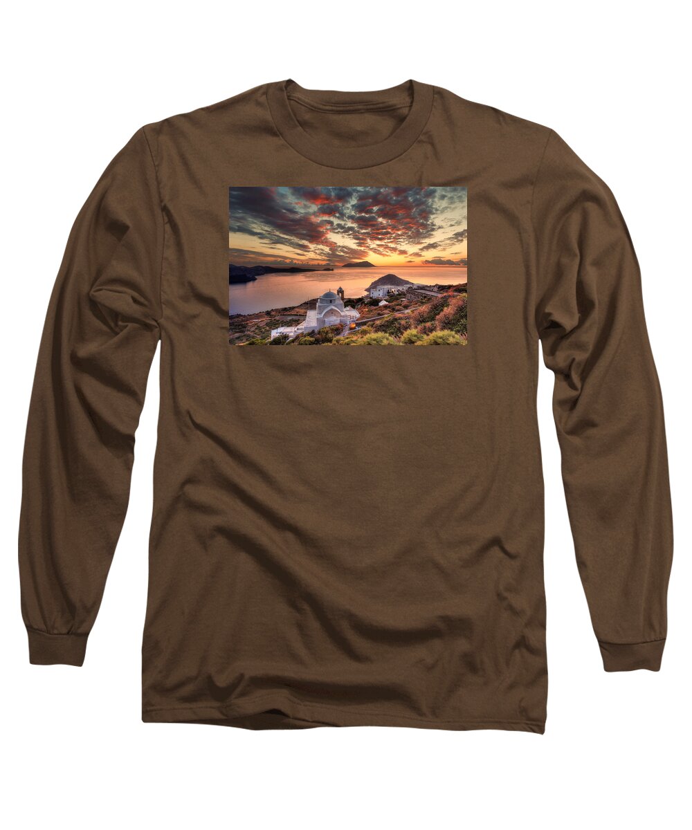 Milos Long Sleeve T-Shirt featuring the photograph The sunset from the castle of Plaka in Milos - Greece by Constantinos Iliopoulos