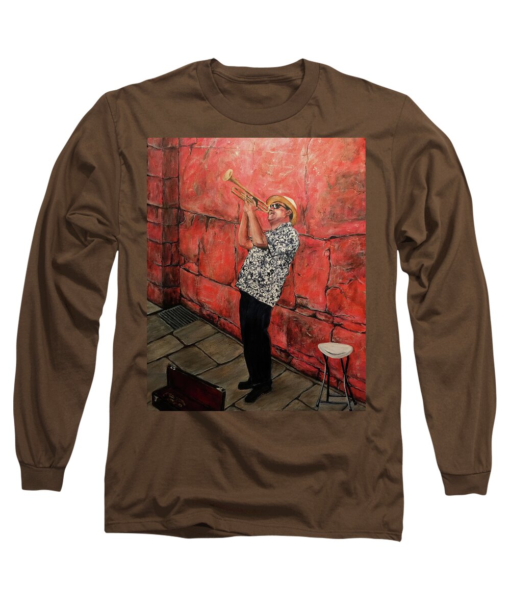 Trumpeter Long Sleeve T-Shirt featuring the painting The Trumpet Man by Bonnie Peacher