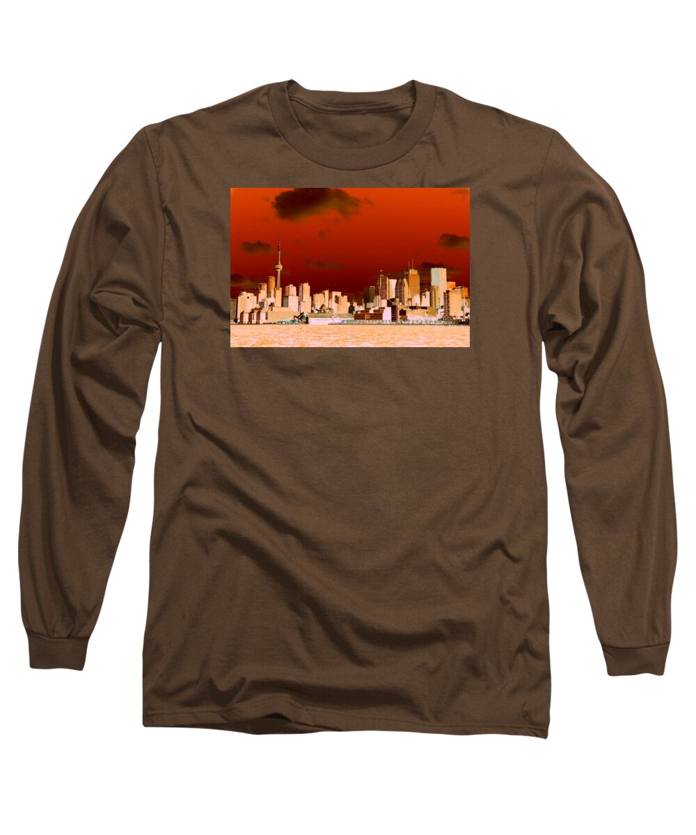 Toronto Long Sleeve T-Shirt featuring the photograph Toronto Red Skyline by Valentino Visentini