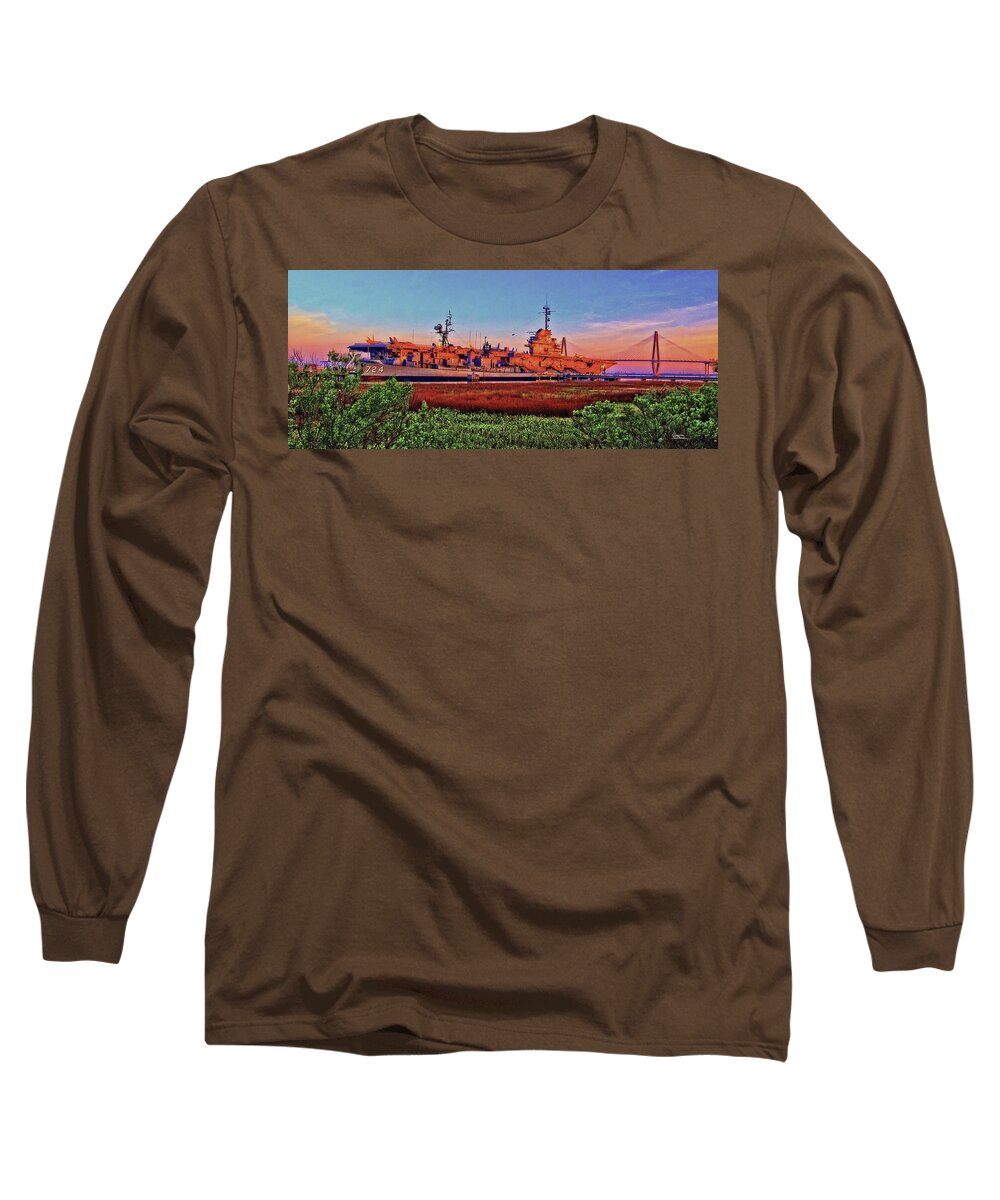 Early Morning Sunrise Long Sleeve T-Shirt featuring the painting Uss York Town by Virginia Bond