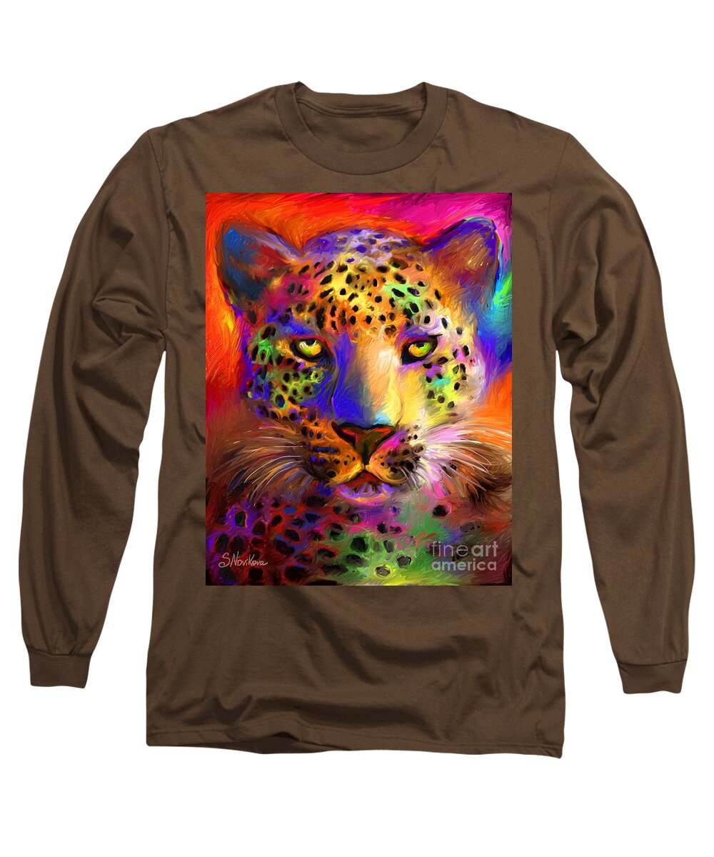 Leopard Long Sleeve T-Shirt featuring the painting Vibrant Leopard Painting by Svetlana Novikova