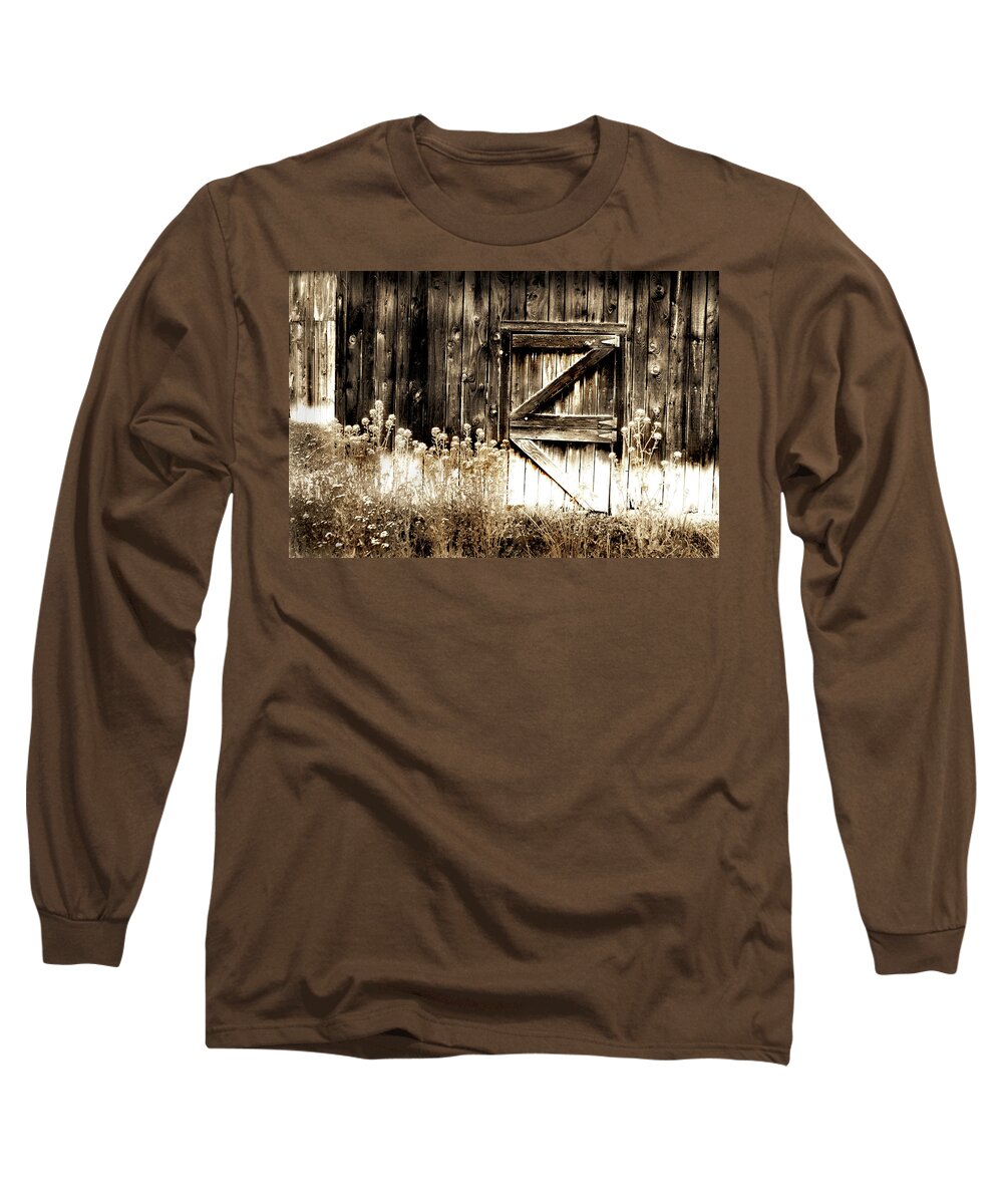 Barn Long Sleeve T-Shirt featuring the photograph Weathered Barn Door by Gray Artus