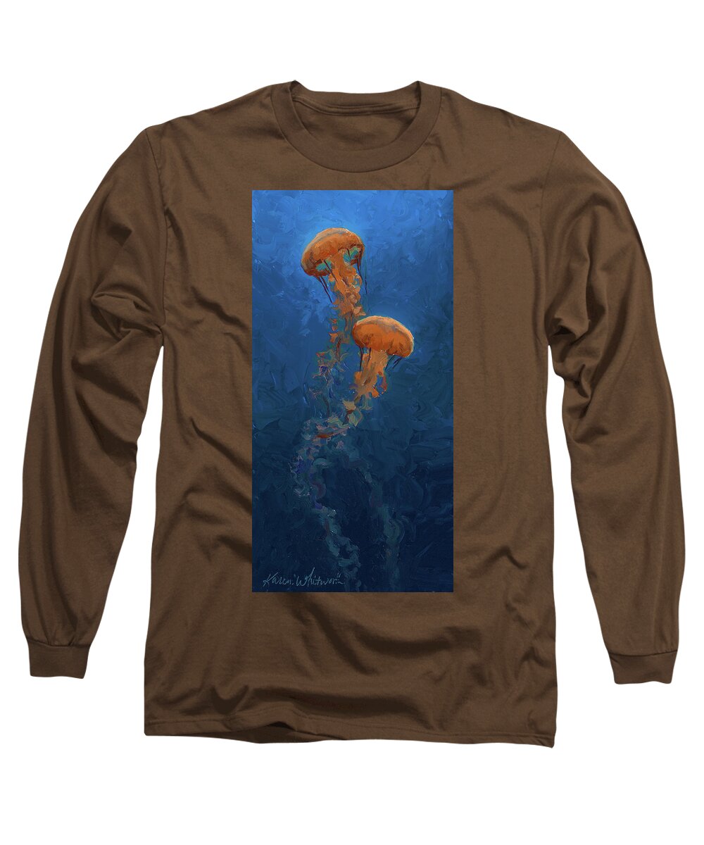 Aquarium Art Long Sleeve T-Shirt featuring the painting Weightless - Pacific Nettle Jellyfish Study by K Whitworth