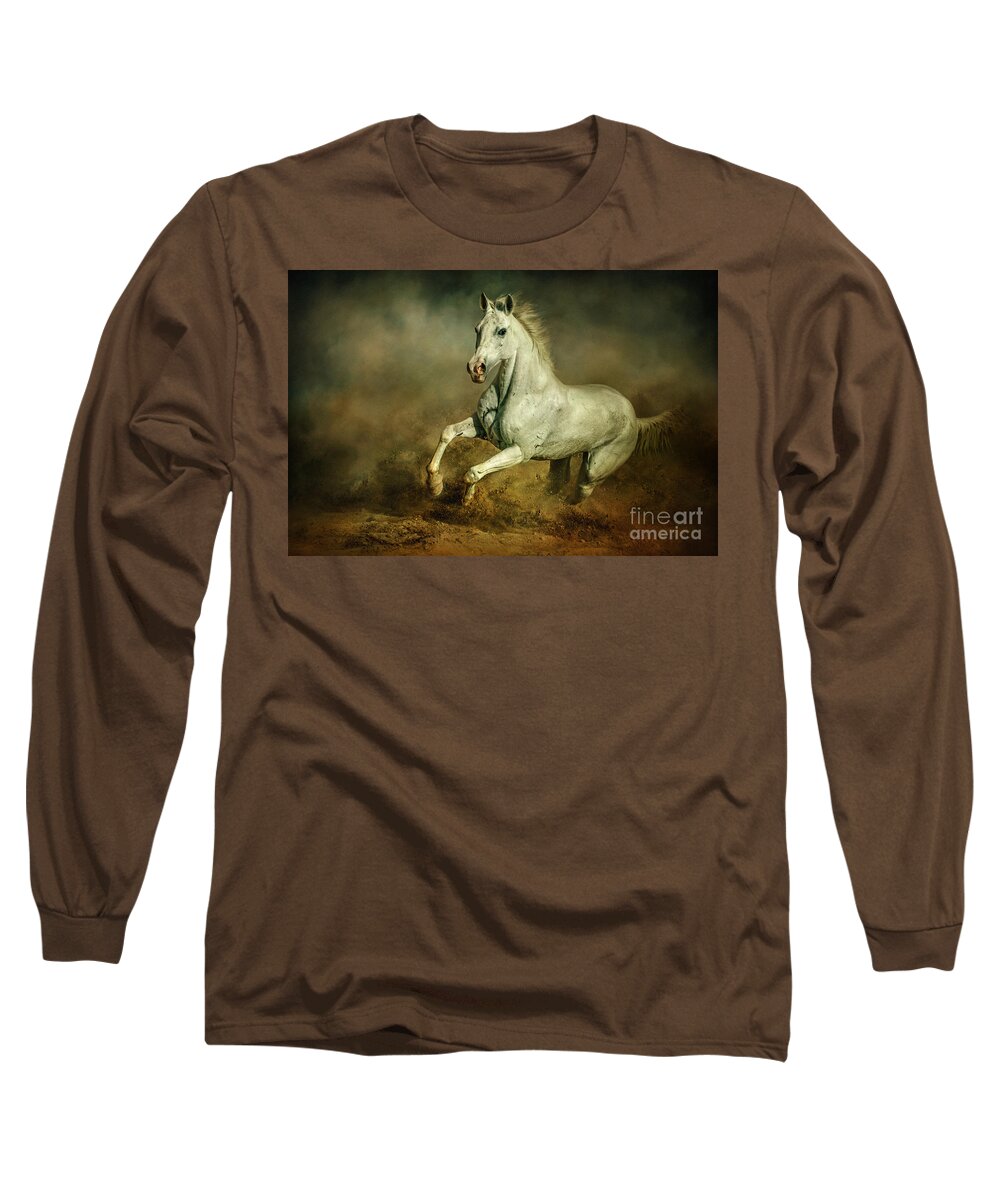 Action Long Sleeve T-Shirt featuring the photograph White horse Running wild Equestrian art photography by Dimitar Hristov