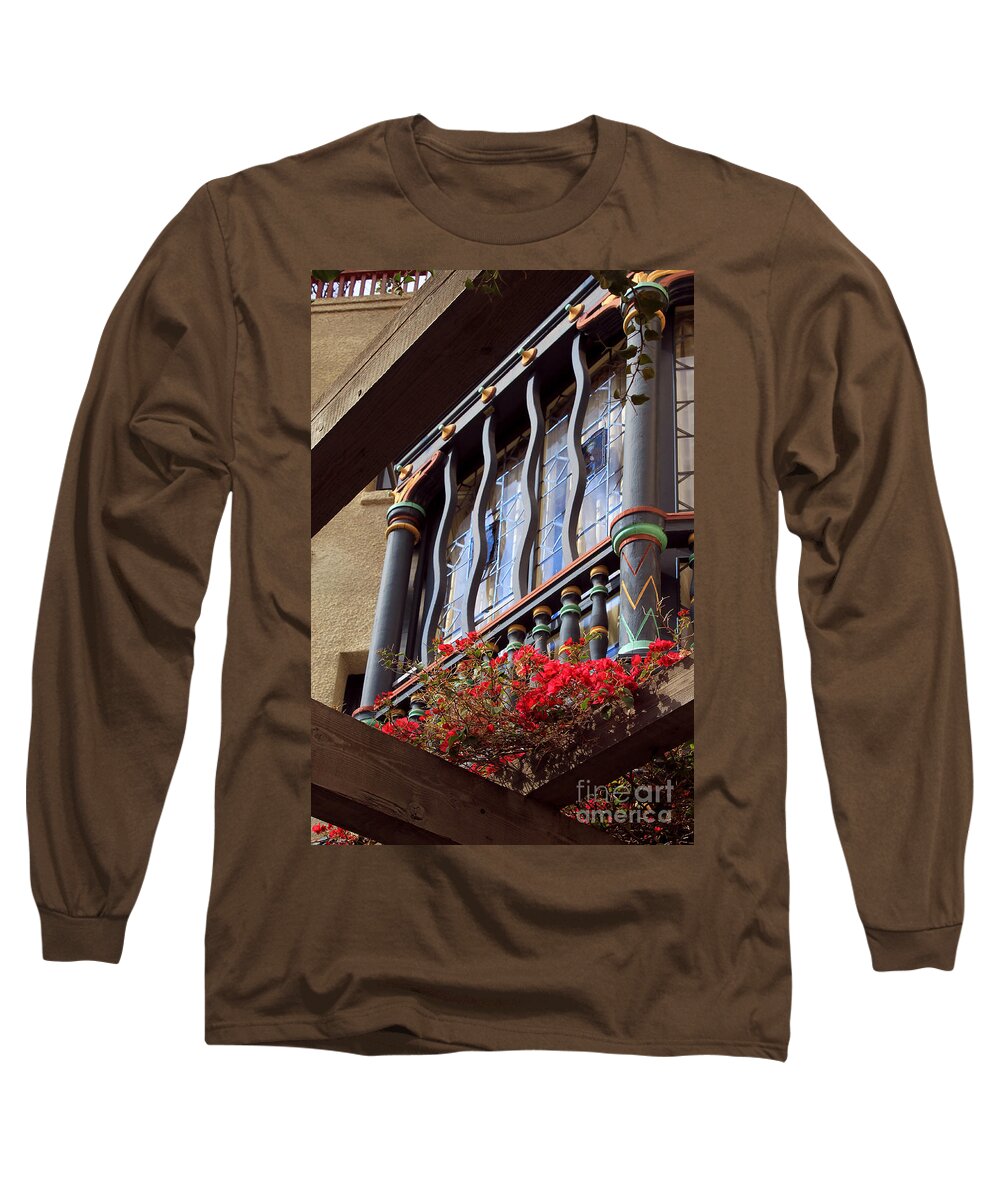Architectural Long Sleeve T-Shirt featuring the photograph Wood Beams Red Flowers and Blue Window by James Eddy