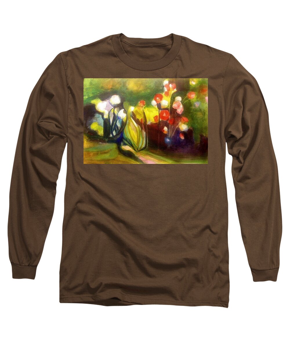 Garden Long Sleeve T-Shirt featuring the painting Warm Flowers in a Cool Garden by Nicolas Bouteneff